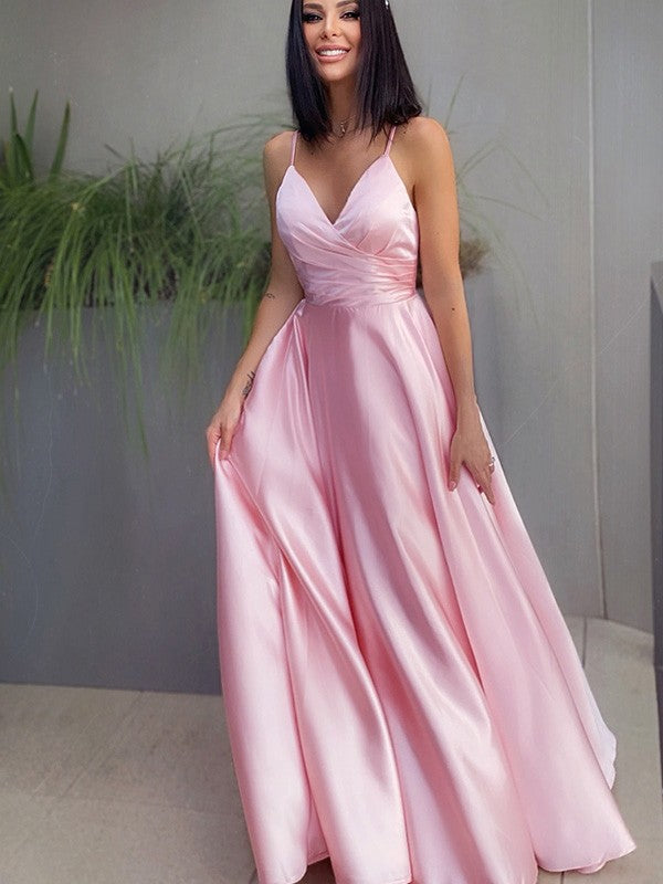 V-neck Satin Ruched Sleeveless Floor-Length Dresses