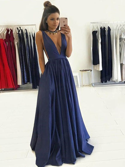 V-neck Sleeveless Floor-Length Taffeta Dresses