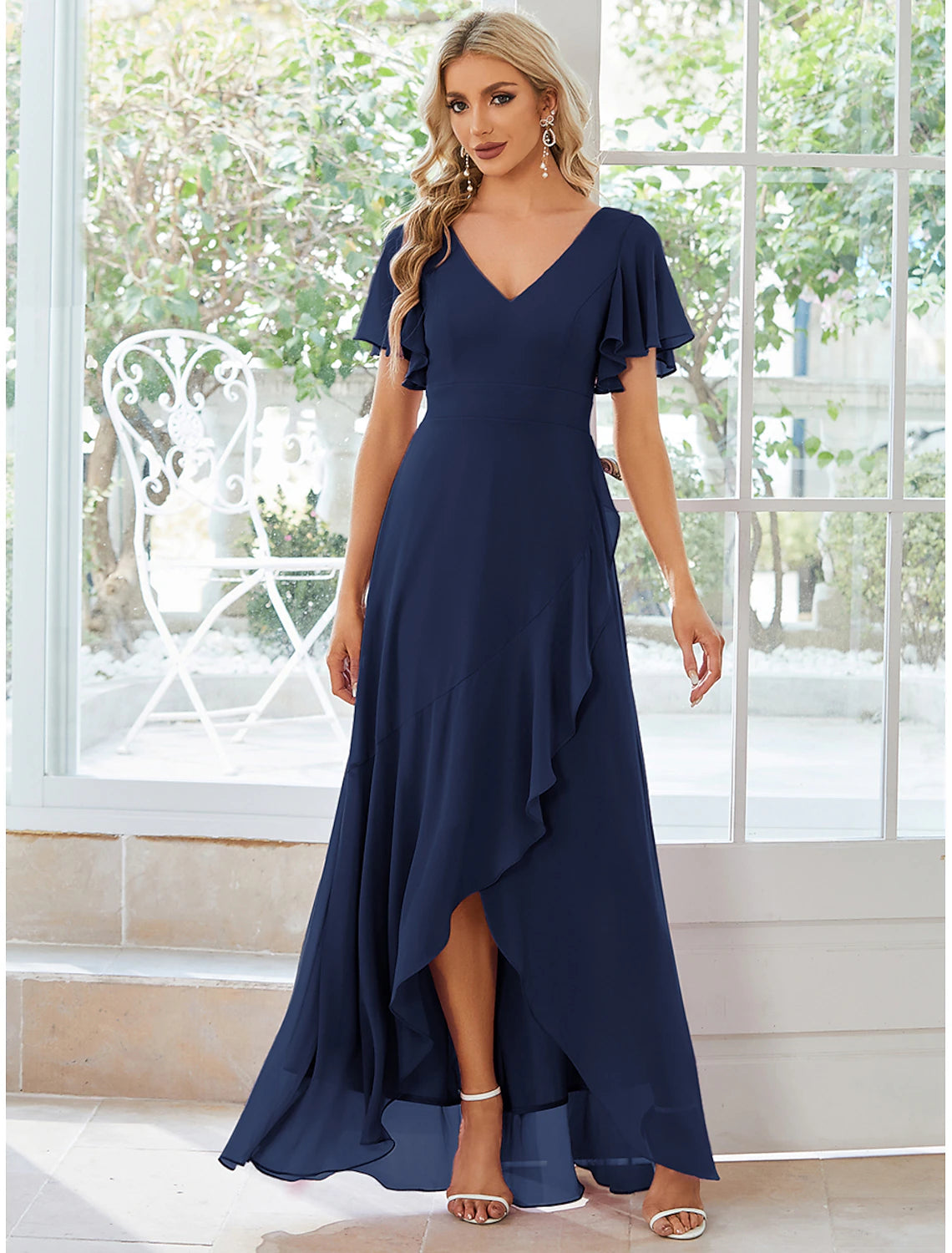 A-Line Wedding Guest Dresses Casual Dress Party Dress Wedding Party Asymmetrical Short Sleeve V Neck Bridesmaid Dress Chiffon