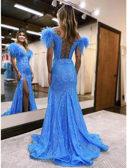 Mermaid / Trumpet Prom Dresses Sparkle & Shine Dress Formal Court Train Sleeveless V Neck Sequined Backless with Sequin Slit