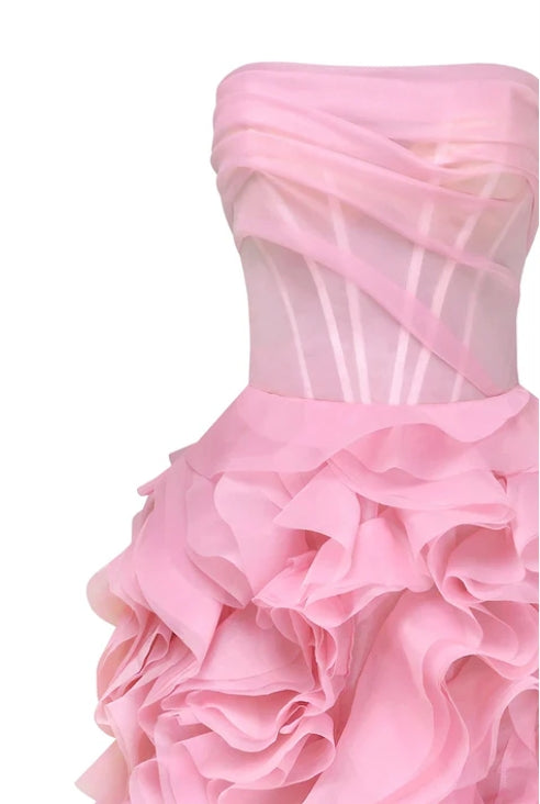 Strapless Off-the-Shoulder A-line Ruffle Tulle Prom Dress With Lace Up