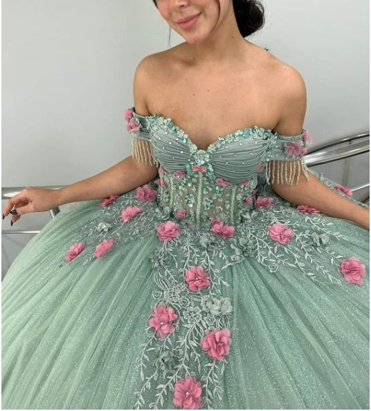 Off-the-Shoulder 3d Flower Applique Prom Dresses