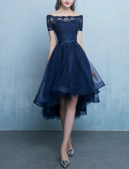 A-line Lace Tulle Short High Low Evening Prom Dress