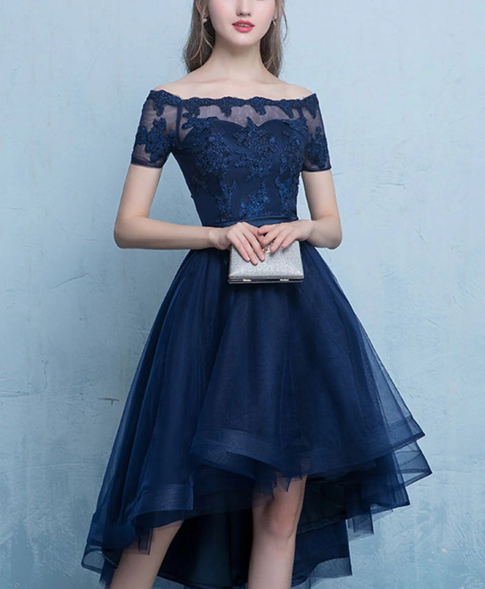 A-line Lace Tulle Short High Low Evening Prom Dress