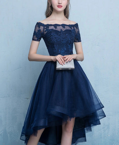 A-line Lace Tulle Short High Low Evening Prom Dress