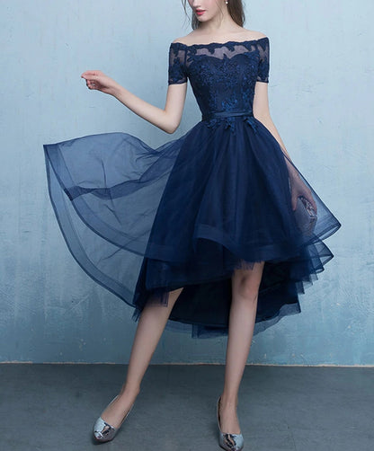 A-line Lace Tulle Short High Low Evening Prom Dress