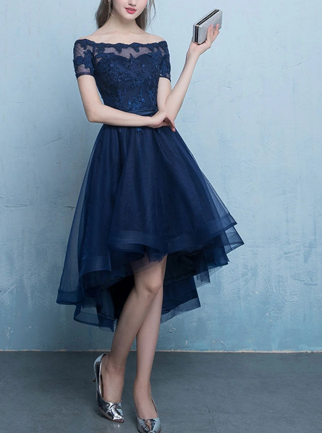 A-line Lace Tulle Short High Low Evening Prom Dress