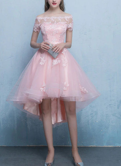 A-line Lace Tulle Short High Low Evening Prom Dress