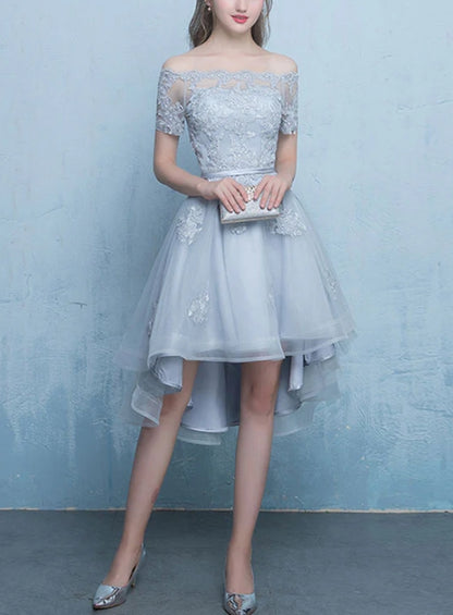 A-line Lace Tulle Short High Low Evening Prom Dress