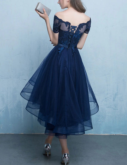 A-line Lace Tulle Short High Low Evening Prom Dress