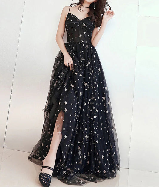 A-line V Neck Tulle Long Prom Evening Dress