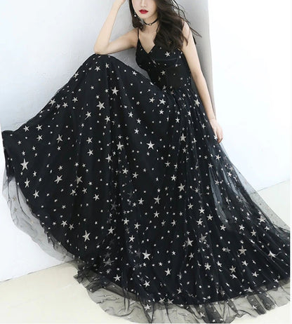 A-line V Neck Tulle Long Prom Evening Dress