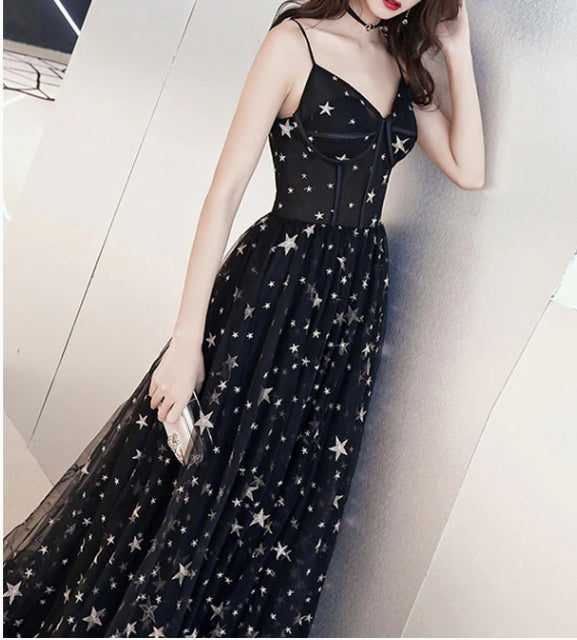 A-line V Neck Tulle Long Prom Evening Dress