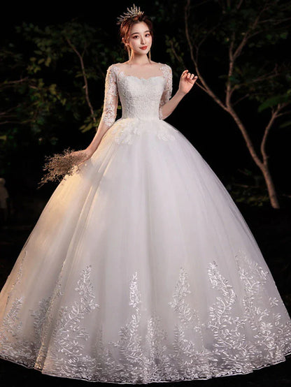 Engagement Formal Wedding Dresses Floor Length Ball Gown Half Sleeve Illusion Neck Lace With Appliques