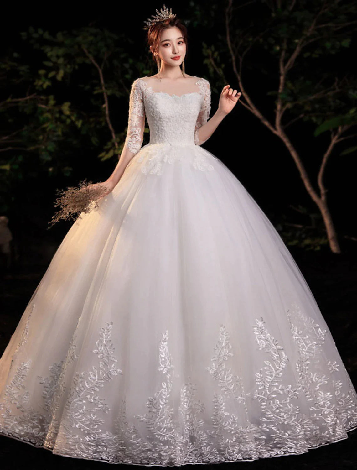 Reception Formal Wedding Dresses Ball Gown Illusion Neck Half Sleeve Floor Length Lace Bridal Gowns With Appliques