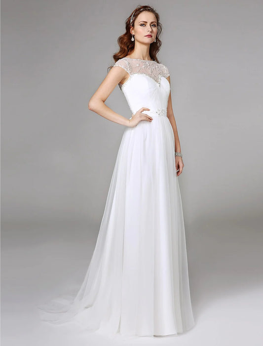 A-Line Illusion Neck Sweep / Brush Train Tulle Made-To-Measure Wedding Dresses with Beading / Lace