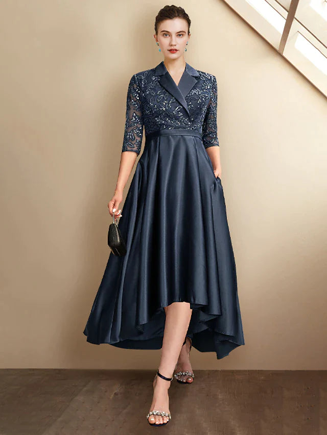 A-Line Mother of the Bride Dress Plus Size Elegant High Low Shirt Collar Asymmetrical Tea Length Satin Lace Half Sleeve with Pleats Sequin Appliques