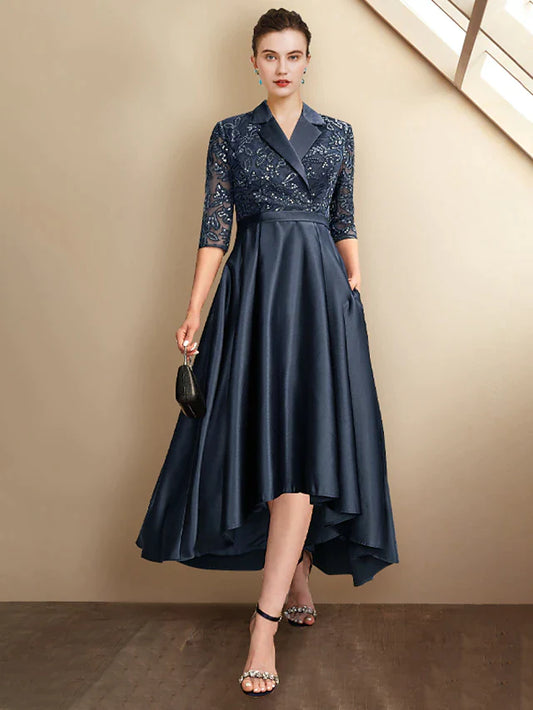 A-Line Mother of the Bride Dress Plus Size Elegant High Low Shirt Collar Asymmetrical Tea Length Satin Lace Half Sleeve with Pleats Sequin Appliques