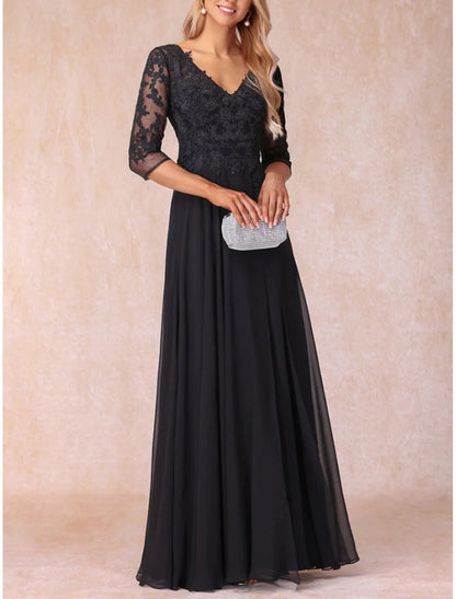 A-Line Mother of the Bride Dress Wedding Guest Elegant V Neck Floor Length Chiffon Lace 3/4 Length Sleeve