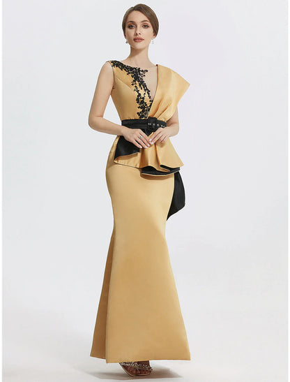 Evening Gown Elegant Dress Formal Floor Length Sleeveless Jewel Neck Satin with Embroidery Appliques