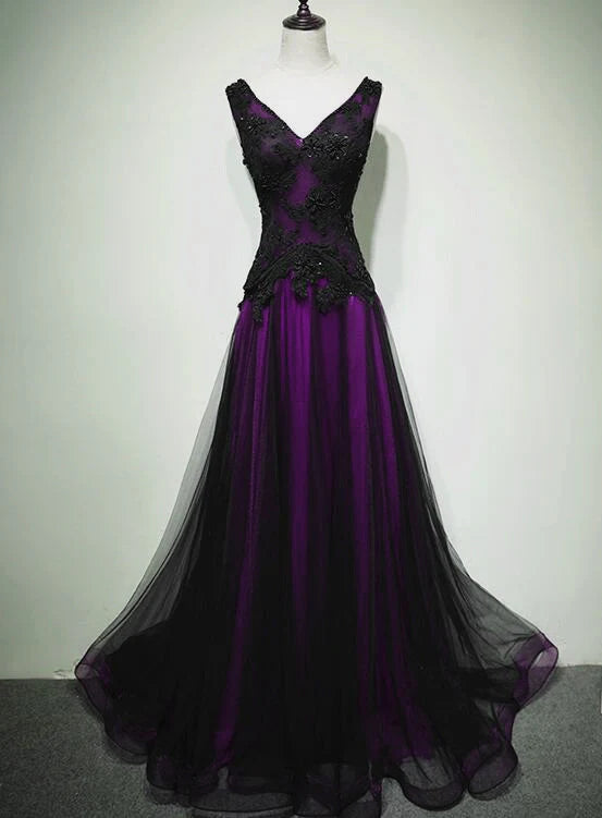 Black and Purple V-neckline A-line Prom Dress