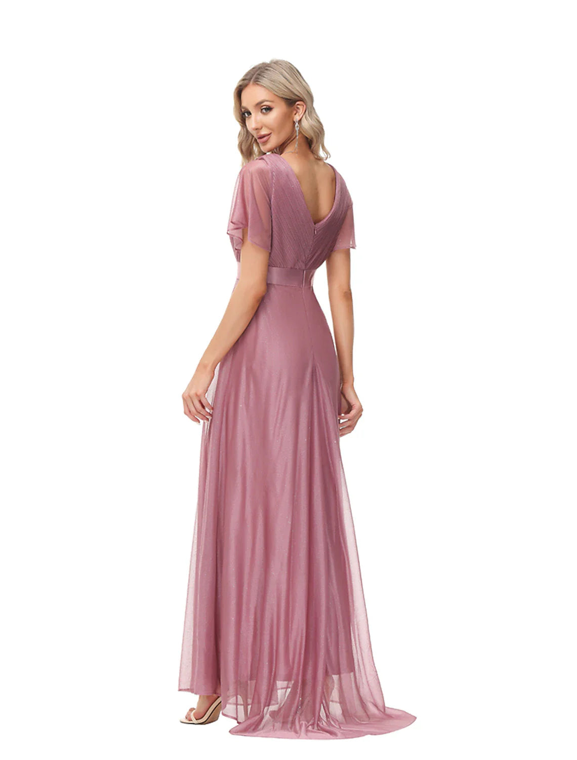 Evening Gown Empire Dress Wedding Guest Floor Length Short Sleeve V Neck Tulle with Ruched Ruffles