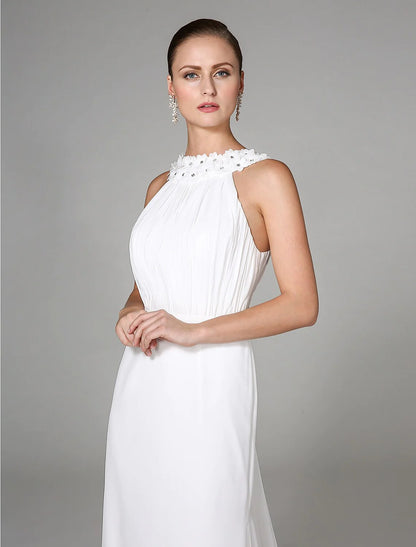 Wedding Dresses Sheath / Column High Neck Sleeveless Chapel Train Chiffon Bridal Gowns With Beading Draping