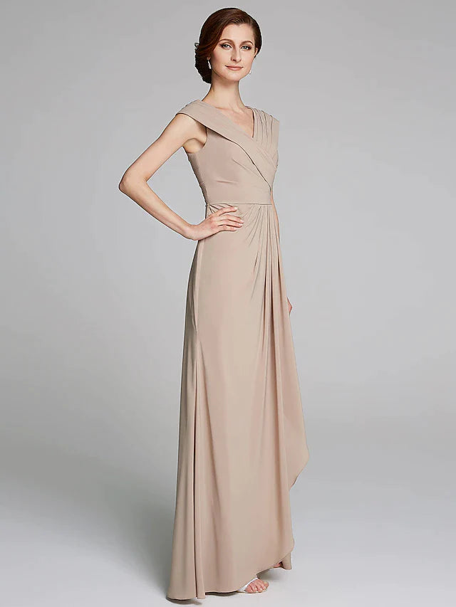 Sheath / Column Mother of the Bride Dress Elegant V Neck Floor Length Jersey Short Sleeve with Pleats