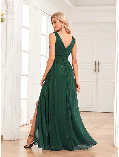 A-Line Evening Gown Elegant Dress Wedding Guest Party Wear Floor Length Sleeveless V Neck Spandex V Back