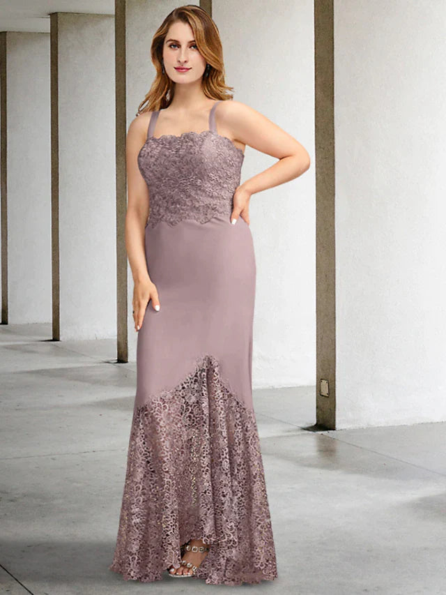 Two Piece A-Line Plus Size Curve Mother of the Bride Dresses Elegant Dress Formal Asymmetrical Sleeveless Square Neck Chiffon with Appliques Splicing