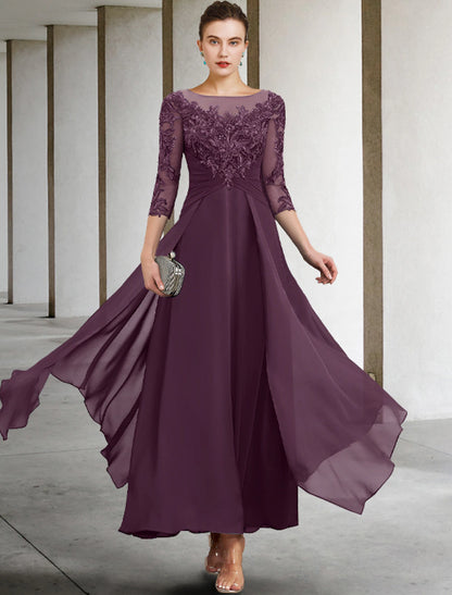 A-Line Mother of the Bride Dress Wedding Guest Elegant Plus Size Jewel Neck Ankle Length Chiffon Lace 3/4 Length Sleeve