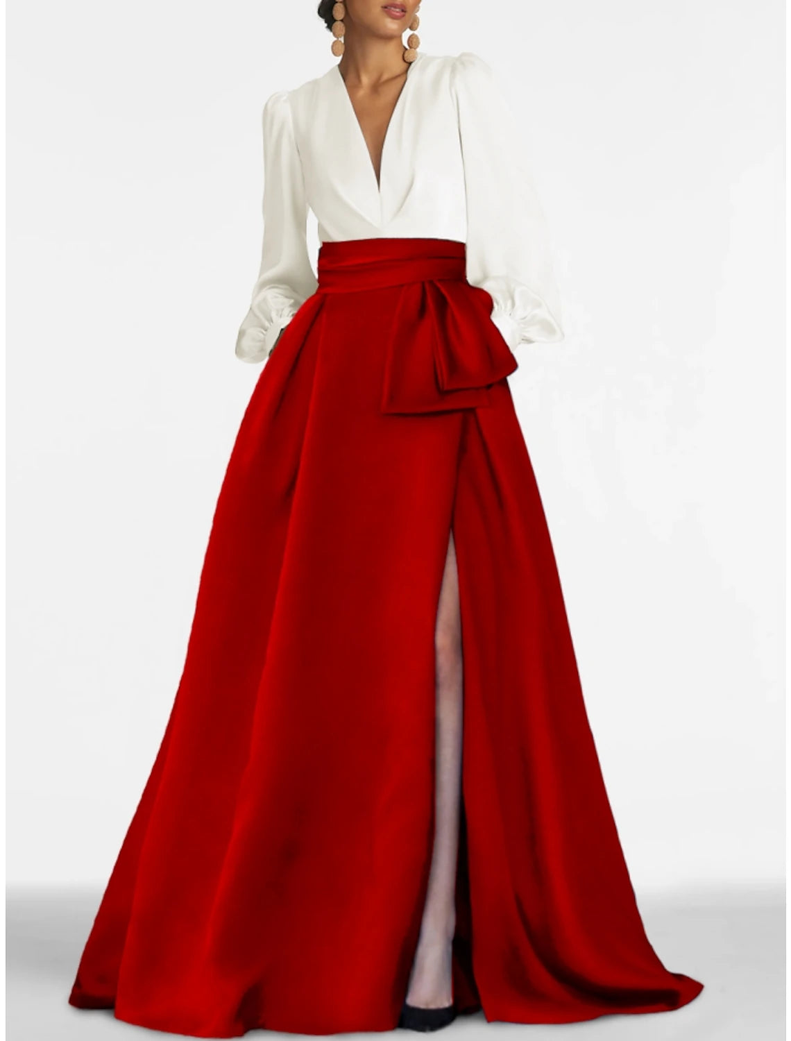 A-Line Evening Gown Elegant Dress Formal Sweep / Brush Train Formal Red Green Dress Long Sleeve V Neck Satin