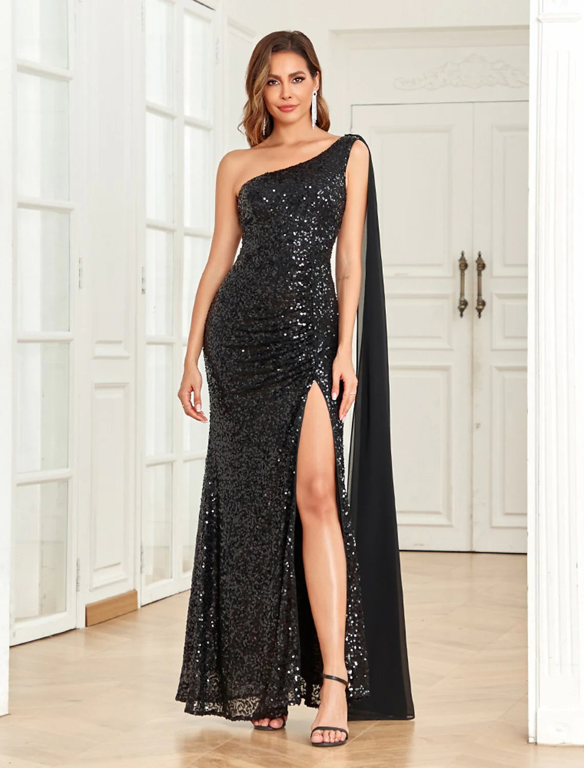 Evening Gown Sexy Dress Party Wear Floor Length Sleeveless Off Shoulder Sequined with Sequin Slit Strappy