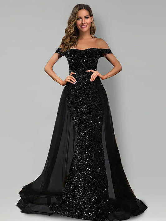 Evening Gown Black Dress Formal Sweep / Brush Train Sleeveless Off Shoulder Tulle with Sequin