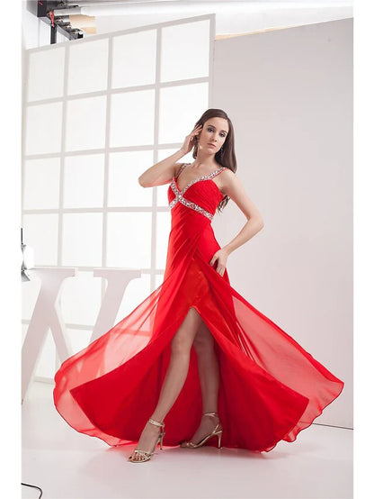 Evening Gown Elegant Dress Formal Evening Floor Length Sleeveless V Neck Chiffon with Ruched Beading Slit