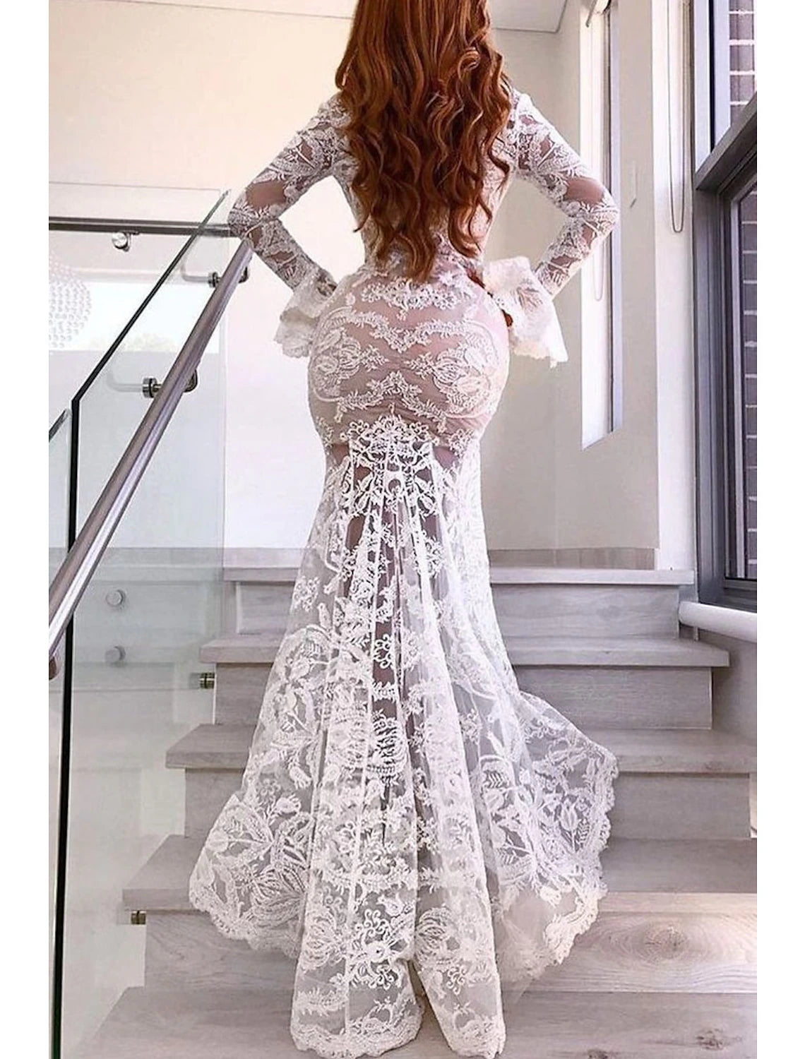 Beach Boho Wedding Dresses Mermaid / Trumpet V Neck Long Sleeve Sweep / Brush Train Lace Bridal Gowns