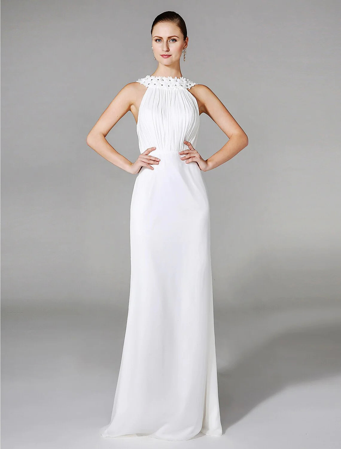 Wedding Dresses Sheath / Column High Neck Sleeveless Chapel Train Chiffon Bridal Gowns With Beading Draping