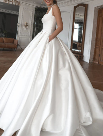 Royal Style Formal Wedding Dresses Ball Gown Square Neck Sleeveless Chapel Train Satin Bridal Gowns