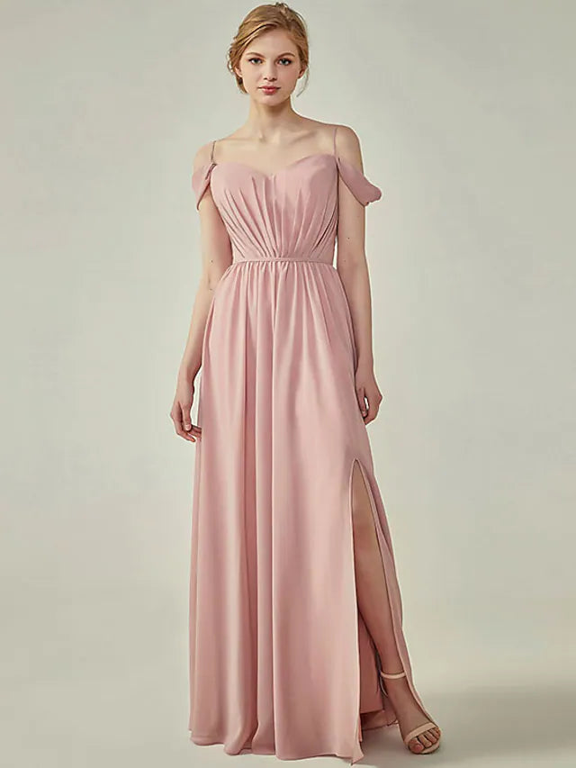 A-Line Bridesmaid Dress Spaghetti Strap Short Sleeve Furcal Floor Length Chiffon with Sash Ribbon Ruching