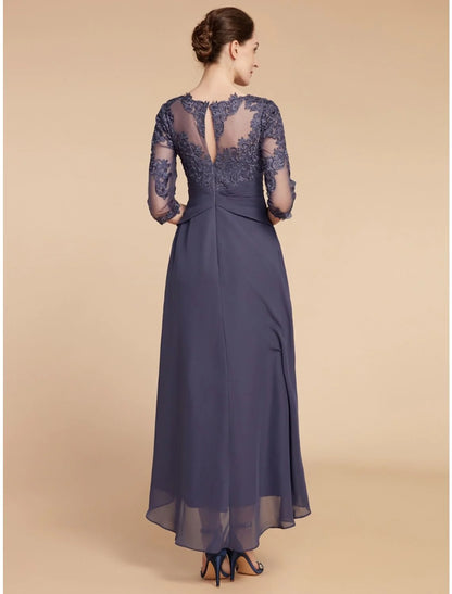 A-Line Mother of the Bride Dress Wedding Guest Elegant Scoop Neck Ankle Length Chiffon Lace 3/4 Length Sleeve with Ruching Solid Color