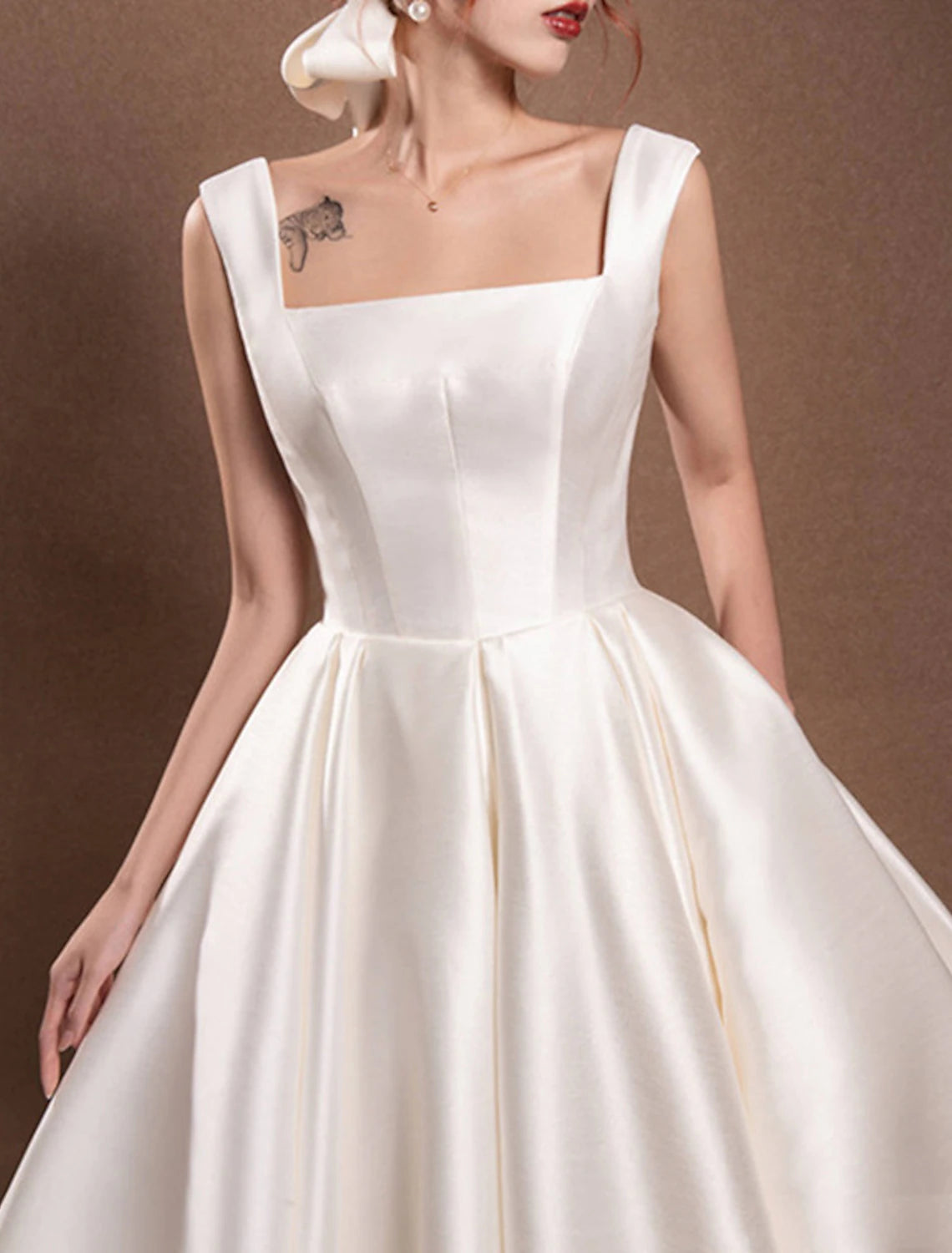 Reception Simple Wedding Dresses Wedding Dresses A-Line Off Shoulder Cap Sleeve Tea Length Satin Bridal Gowns