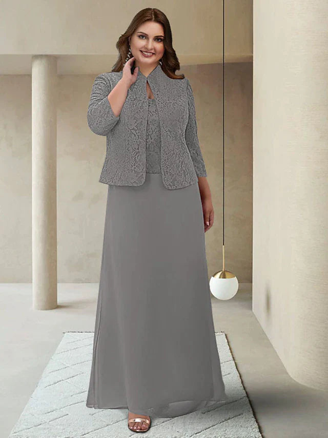 Two Piece Sheath / Column Mother of the Bride Dress Plus Size Elegant Jewel Neck Ankle Length Chiffon Lace 3/4 Length Sleeve Wrap Included with Appliques