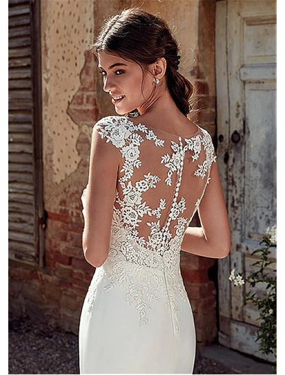 Beach Open Back Wedding Dresses Court Train Mermaid / Trumpet Cap Sleeve Illusion Neck Chiffon With Appliques