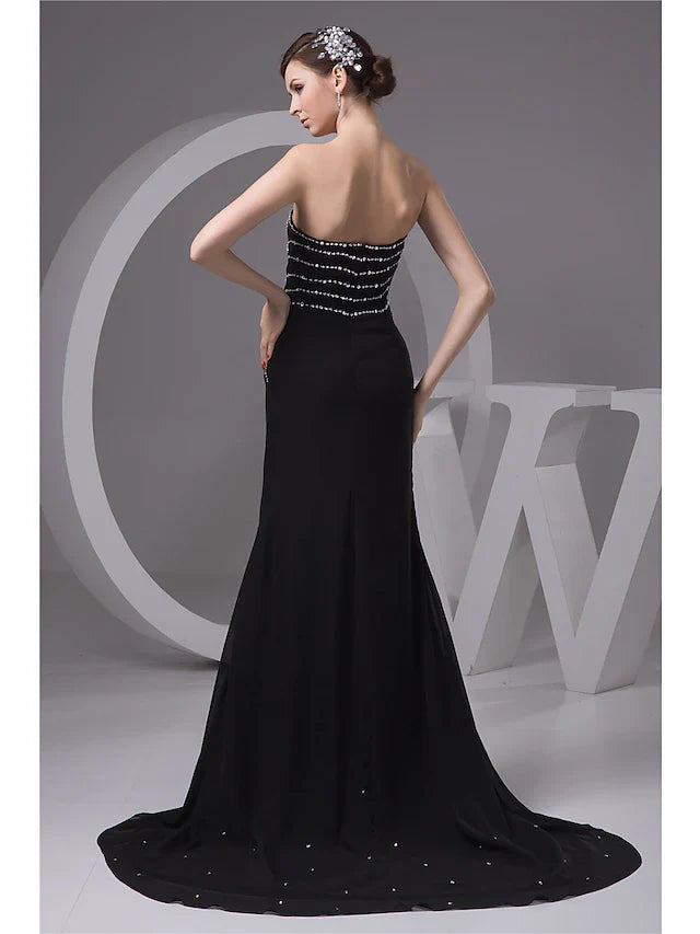 Evening Gown Sexy Dress Formal Evening Court Train Sleeveless Sweetheart Chiffon with Beading Slit