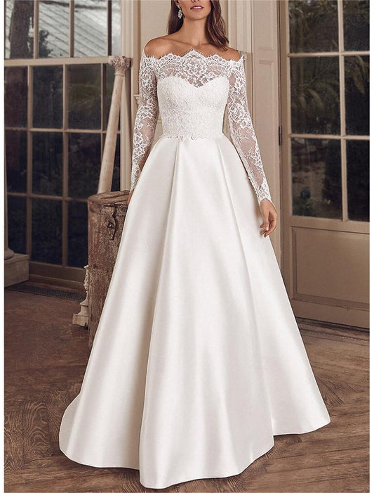 Wedding Dresses Ball Gown Off Shoulder V Neck Long Sleeve Chapel Train Satin Bridal Gowns