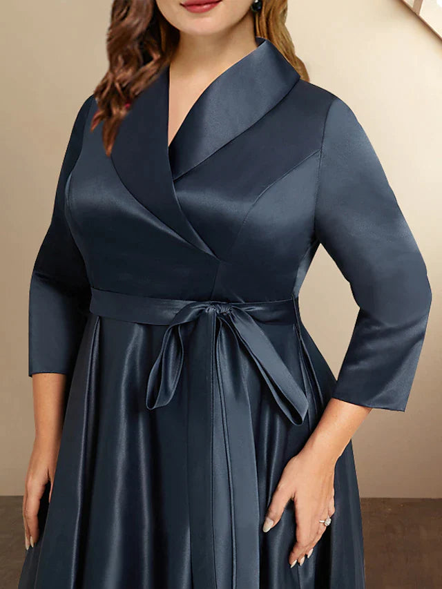 A-Line Plus Size Curve Mother of the Bride Dresses High Low Dress Formal Asymmetrical 3/4 Length Sleeve Shirt Collar Satin with Bow(s) Pleats