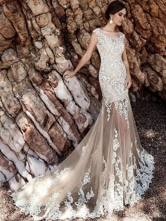 Engagement Formal Wedding Dresses Court Train Mermaid / Trumpet Cap Sleeve Illusion Neck Lace With Appliques