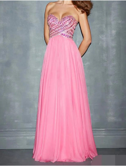 A-Line Evening Gown Glittering Dress Wedding Guest Sweep / Brush Train Sleeveless Sweetheart Chiffon