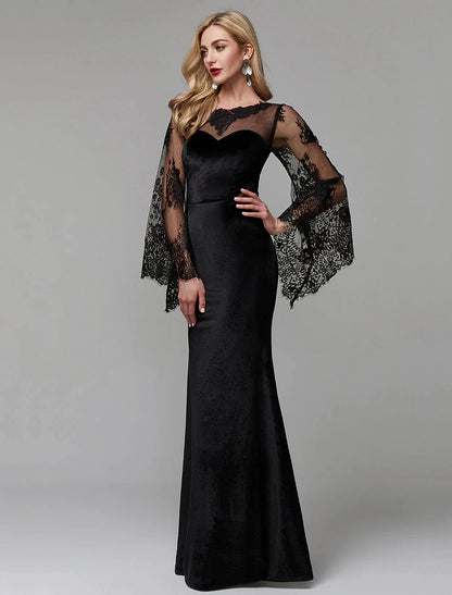 Sheath / Column Elegant Dress Wedding Guest Floor Length Long Sleeve Illusion Neck Lace with Lace Insert