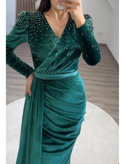 Mermaid Party Dress Evening Gown Maxi Dress Formal Black Tie Gala Floor Length Long Sleeve V Neck Fall Wedding Guest Velvet